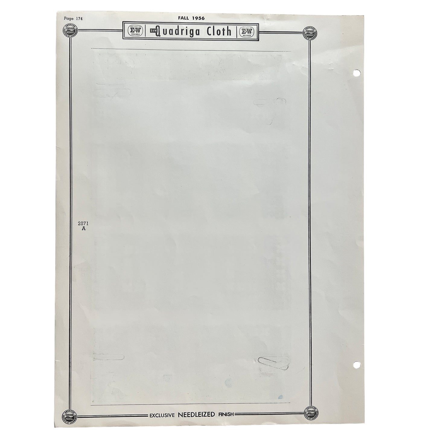 1956 Quadriga Cloth E&W Brands Textile Sample Sheet, Mid-Century Archive