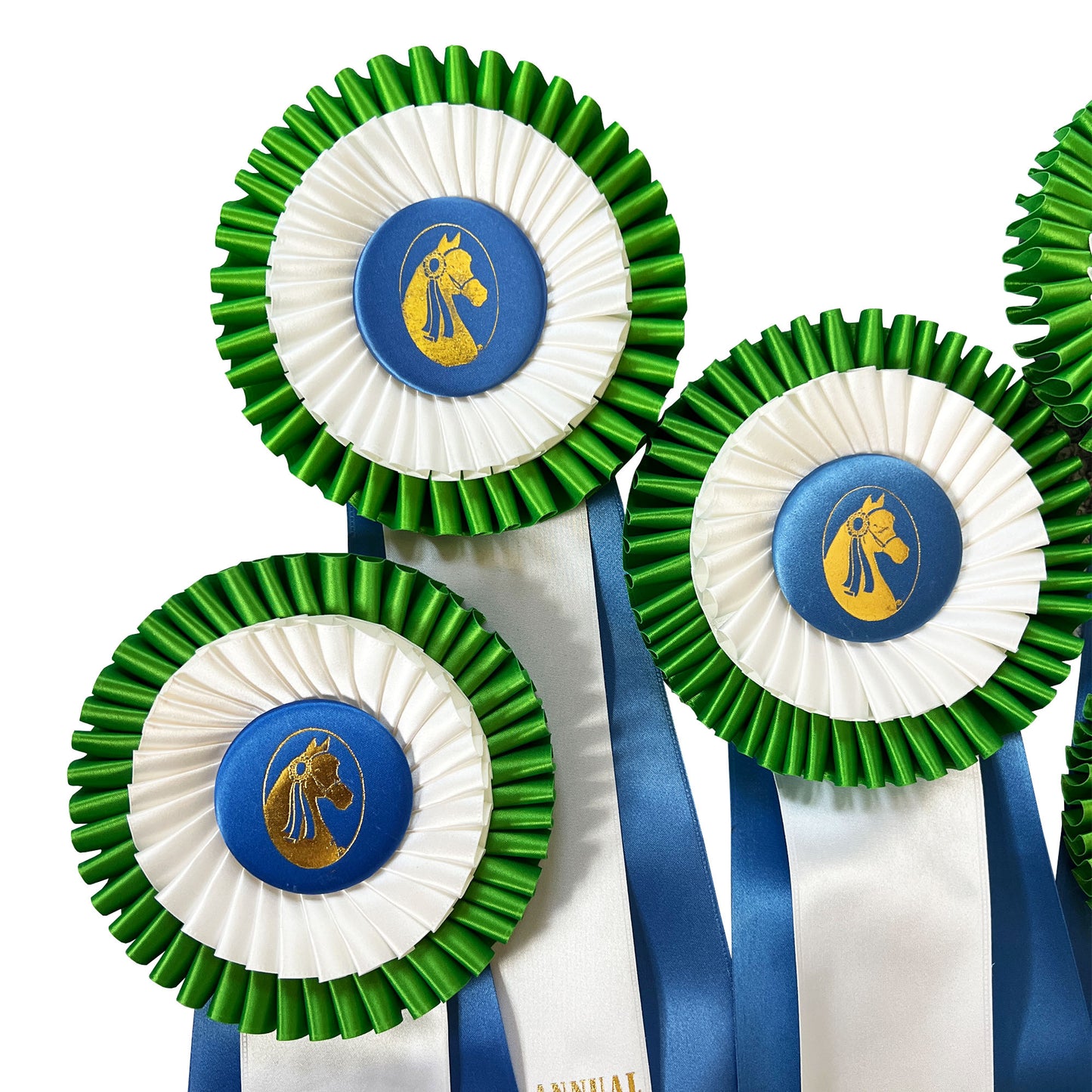 Collection of Six Morgan Horse Show Rosette Ribbons in Blue, Green and White
