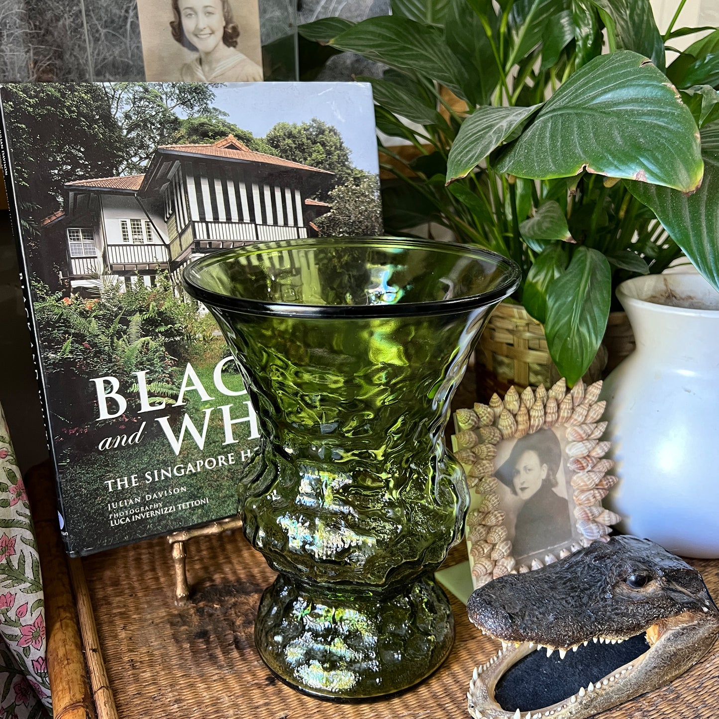Mid-Century Sculptural Green Art Glass Vase — Textured Avocado Glass Vessel