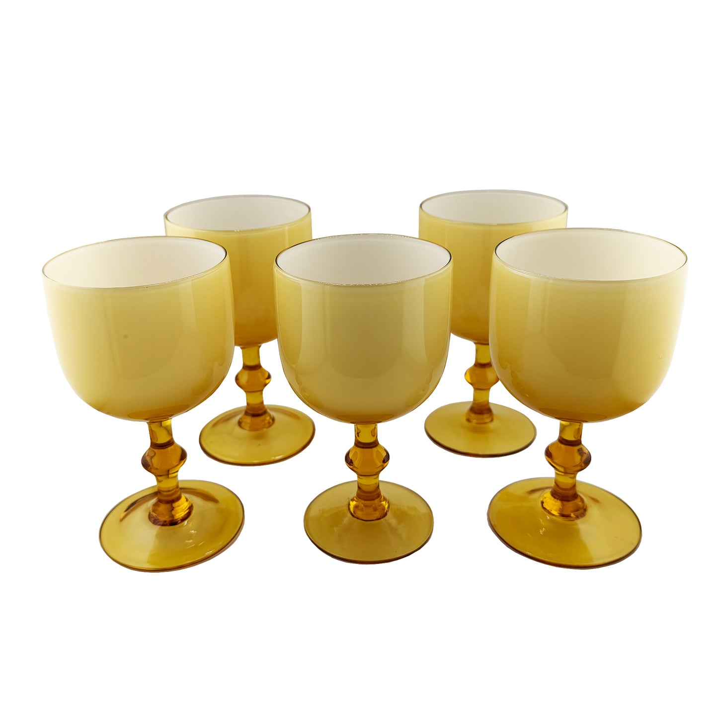 Set of Five Italian Amber and Cased Opaline Glass Wine Goblets Carlo Moretti