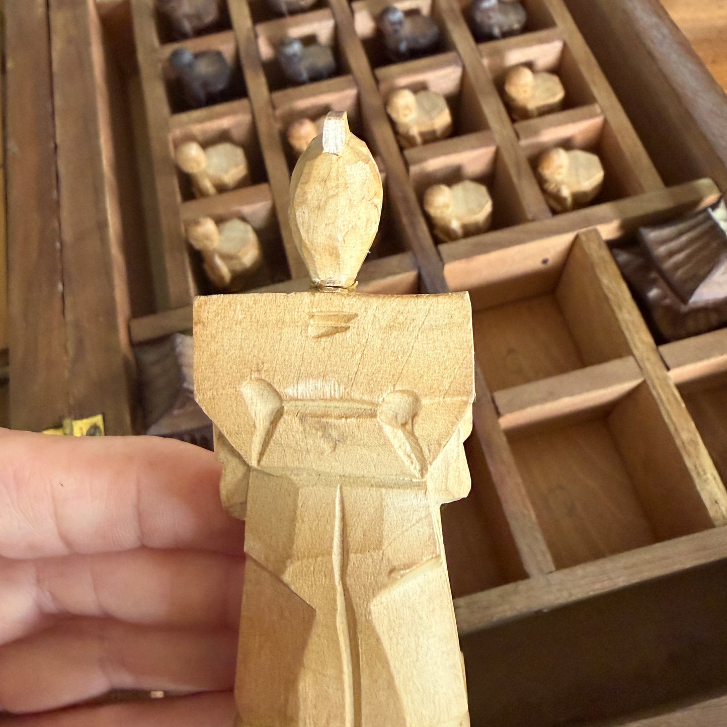 Vintage Chinese Hand-Carved Wood Figural Chess Set with Folding Game Board