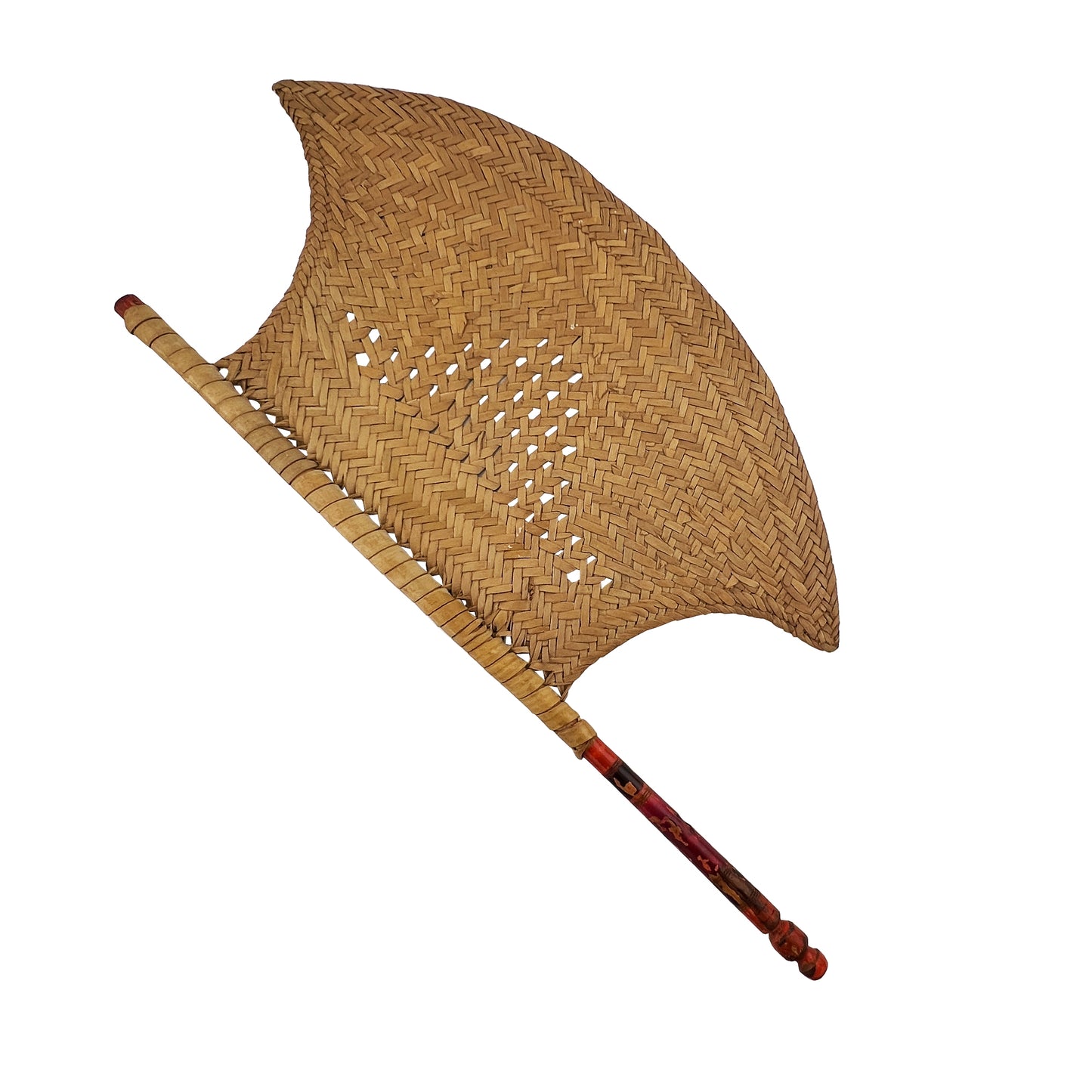 Vintage Handwoven Bamboo & Painted Wood Decorative Fan Wall Accent