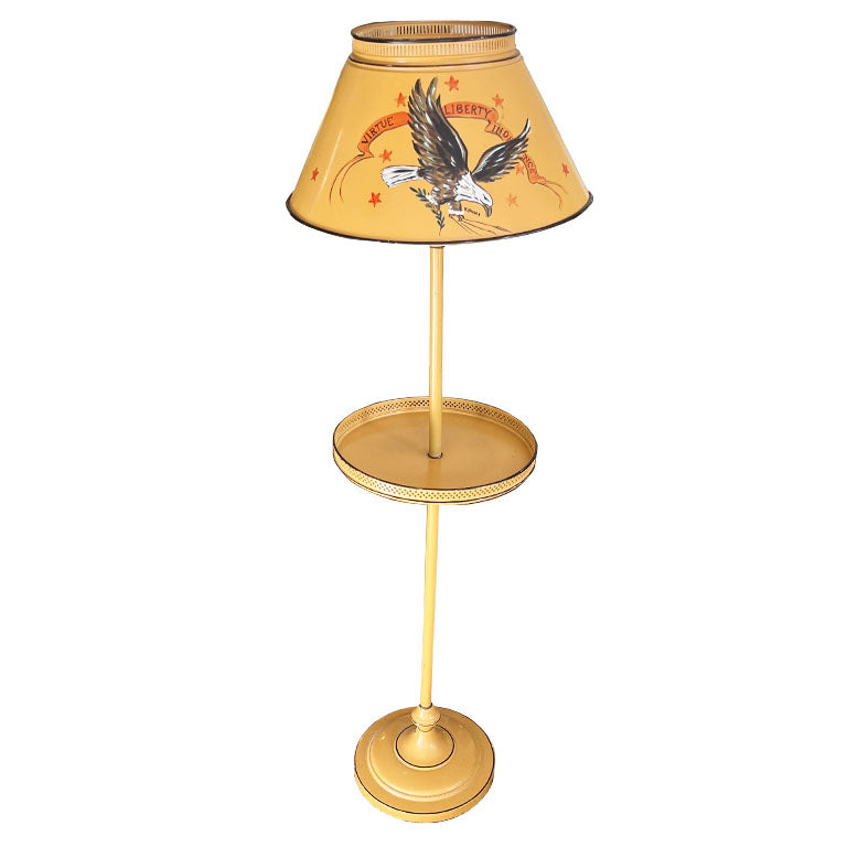 Yellow Tole American Eagle Round Side Table with Lamp and Shade Signed V. Busci