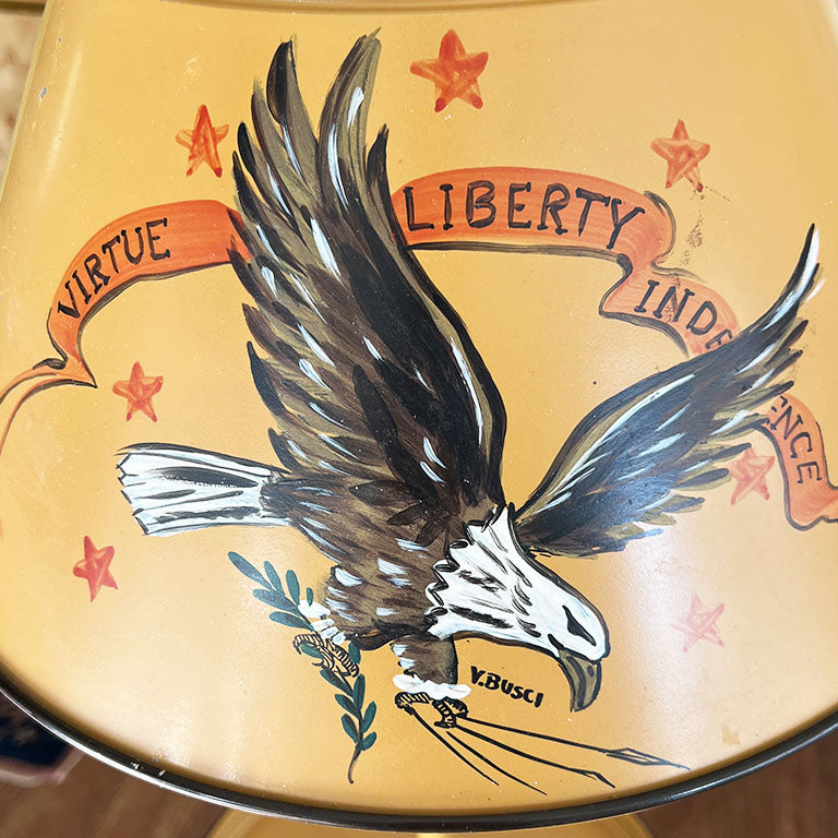 Yellow Tole American Eagle Round Side Table with Lamp and Shade Signed V. Busci