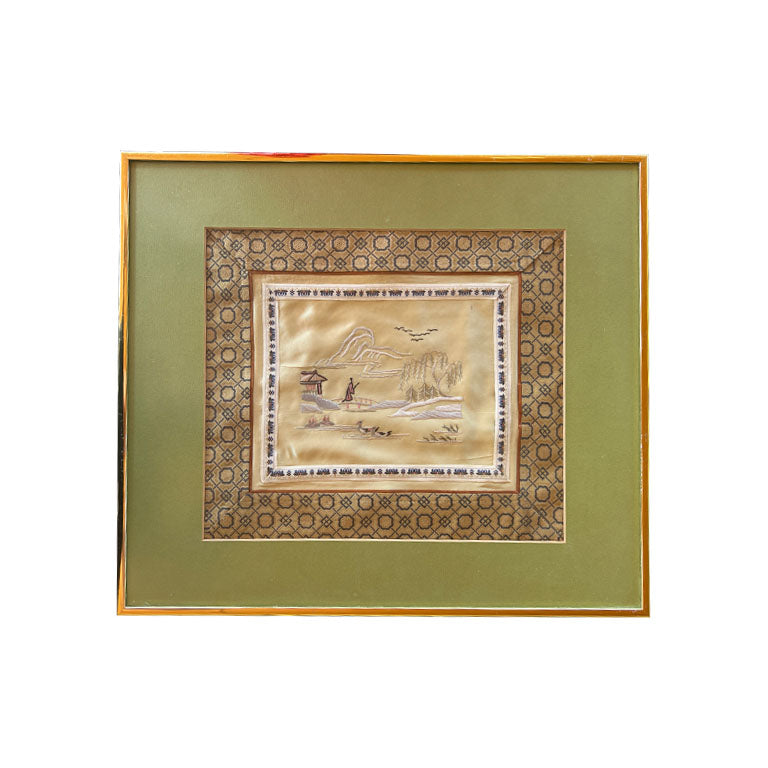 Antique Japanese Framed Silk Embroidered Panel of Garden Life - A Pair