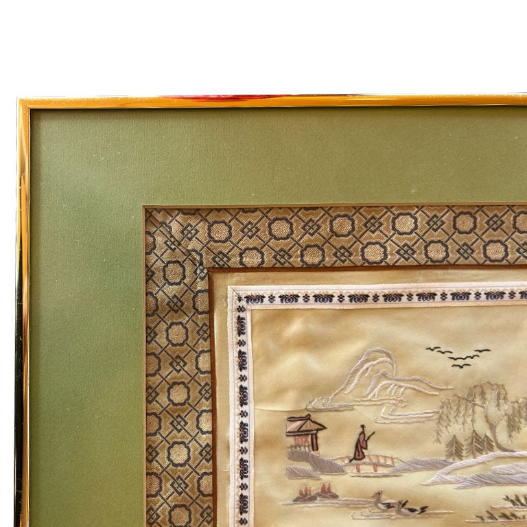 Antique Japanese Framed Silk Embroidered Panel of Garden Life - A Pair