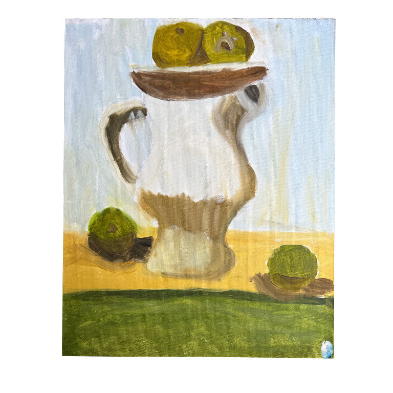 Vintage Green and Yellow Expressionist Still Life Painting on Canvas - Unsigned