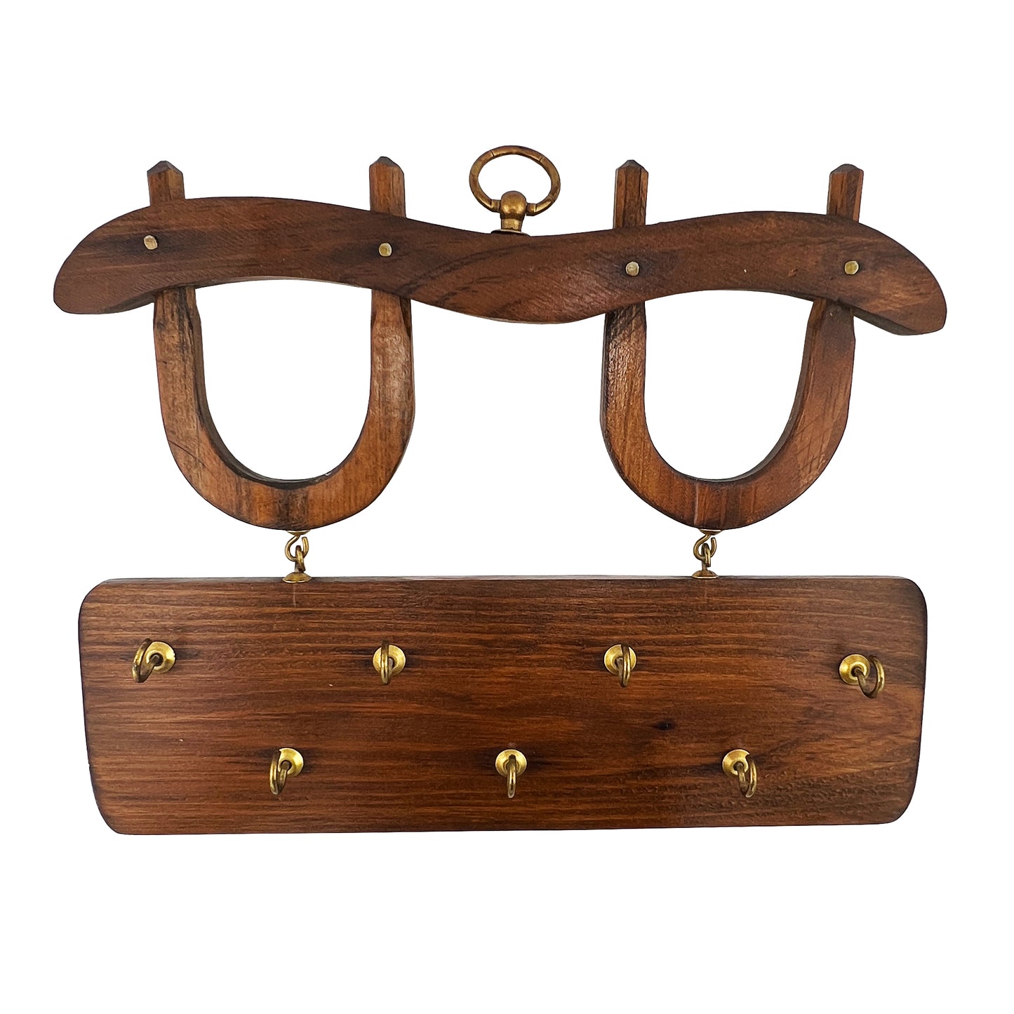 Vintage Wooden Horseshoe Key Holder with Brass Hooks – Rustic Equestrian Wall Rack