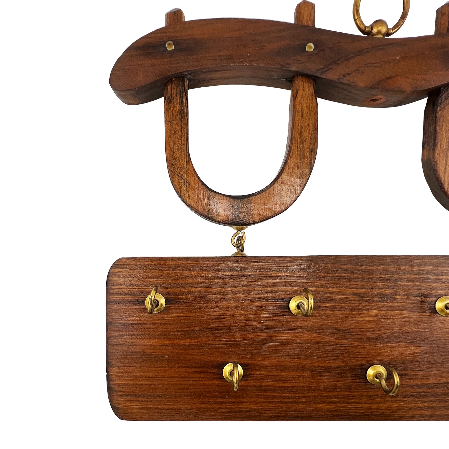 Vintage Wooden Horseshoe Key Holder with Brass Hooks – Rustic Equestrian Wall Rack