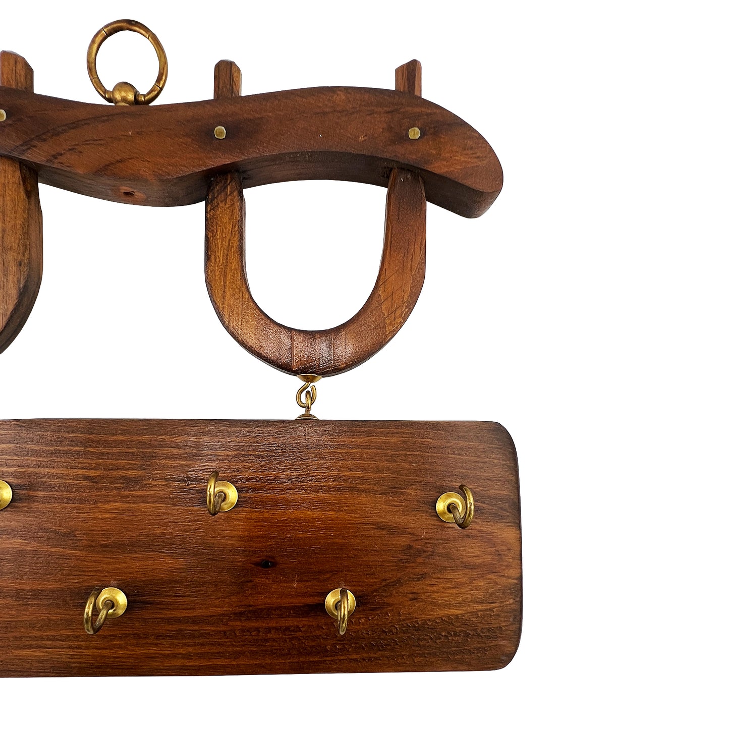 Vintage Wooden Horseshoe Key Holder with Brass Hooks – Rustic Equestrian Wall Rack