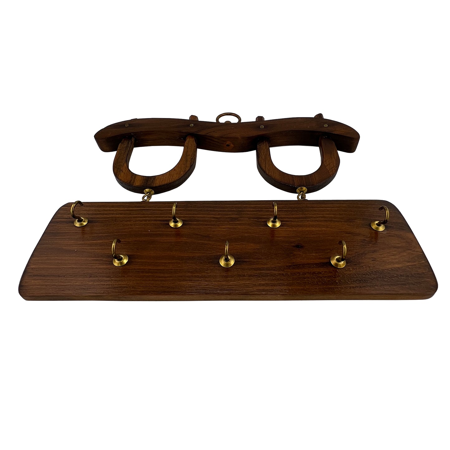 Vintage Wooden Horseshoe Key Holder with Brass Hooks – Rustic Equestrian Wall Rack