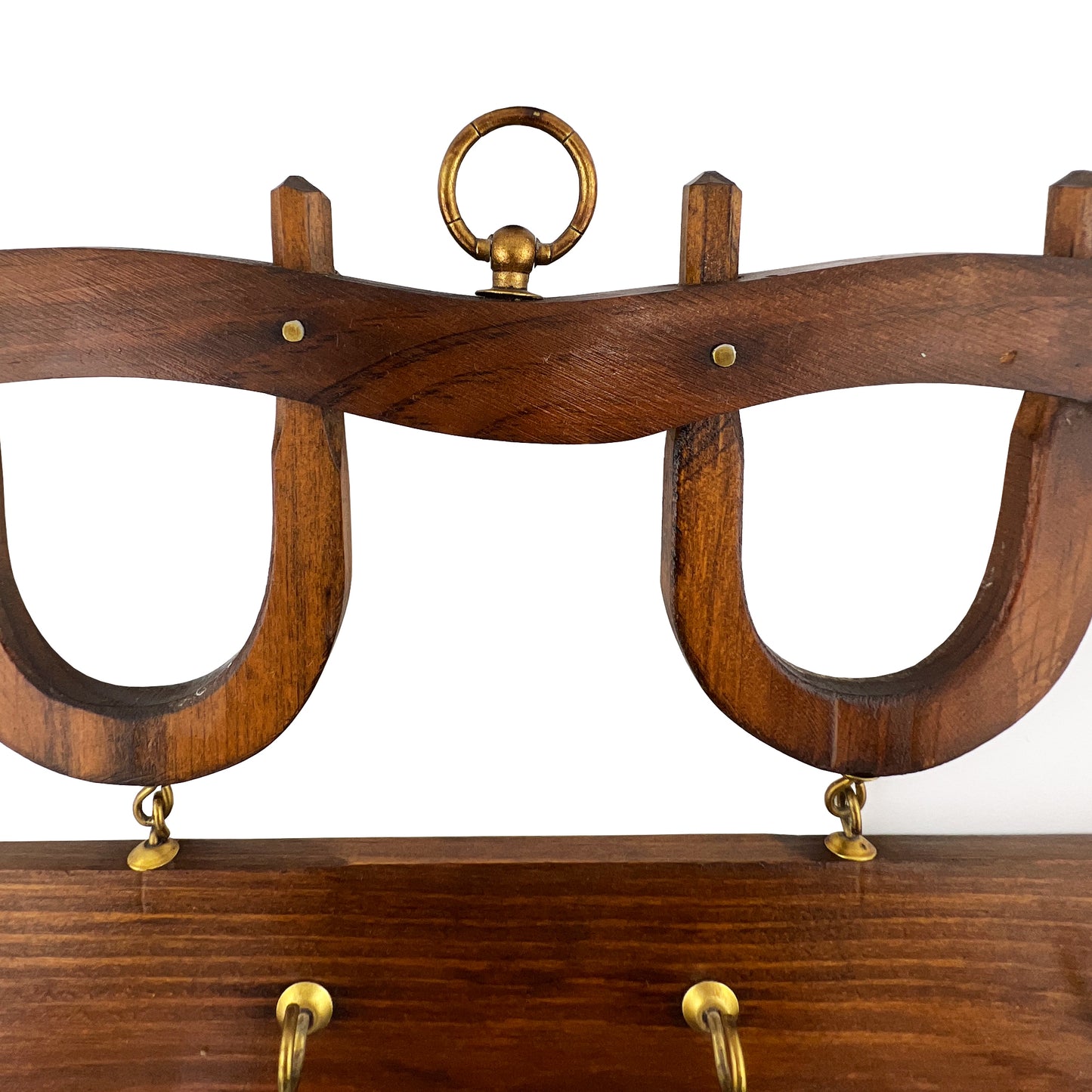 Vintage Wooden Horseshoe Key Holder with Brass Hooks – Rustic Equestrian Wall Rack