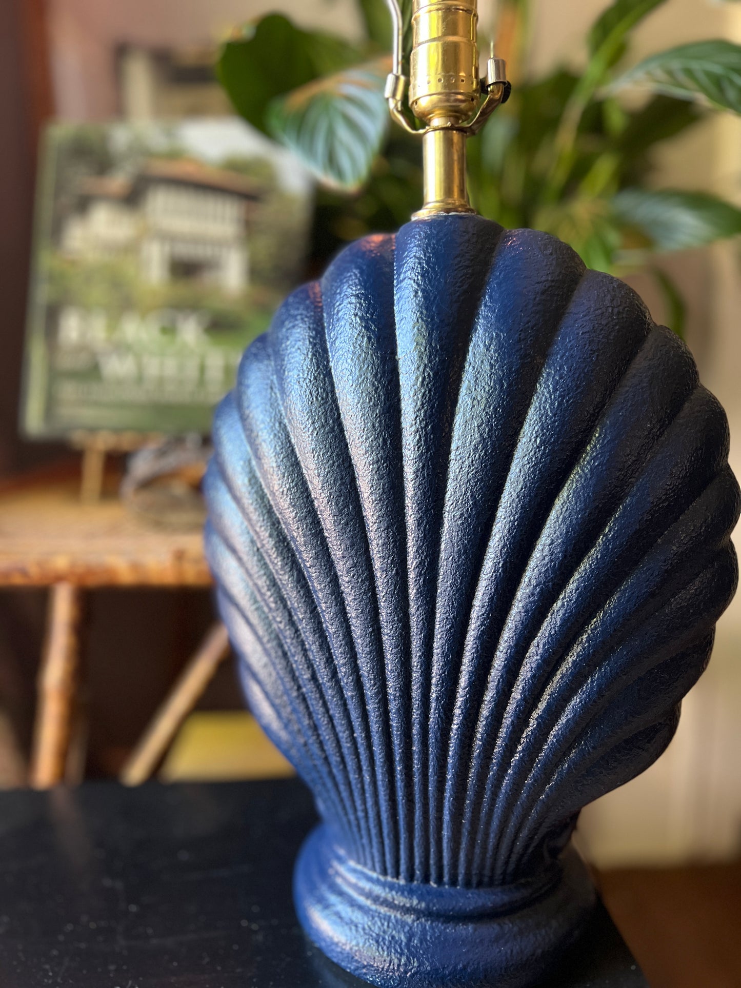 Large Vintage Navy Hollywood Regency Navy Blue Seashell Motif Table Lamp