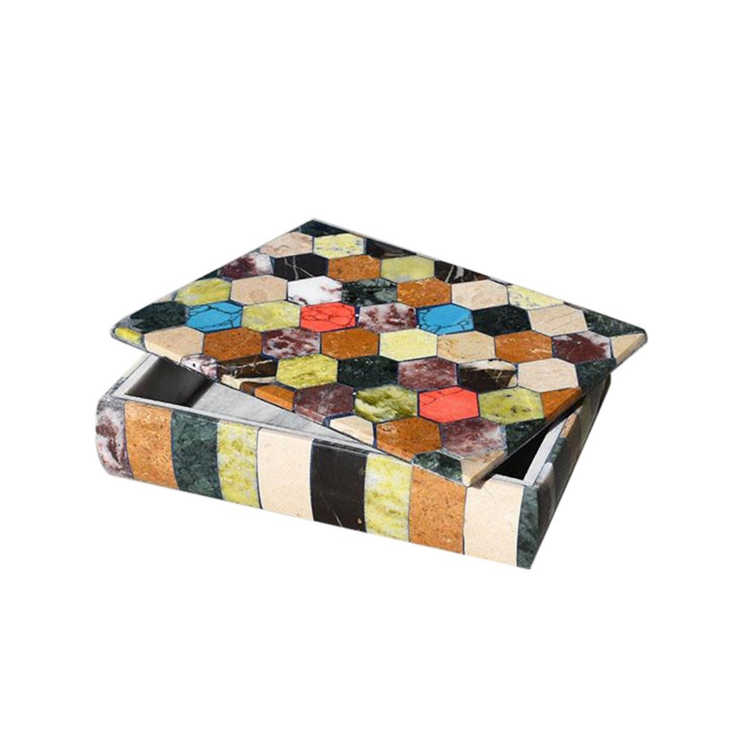 Polychrome Semi-Precious Stone Hexagonal Inlaid Box, 20th Century