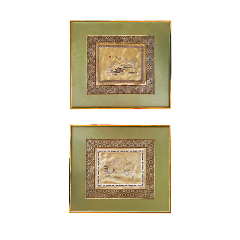 Antique Japanese Framed Silk Embroidered Panel of Garden Life - A Pair