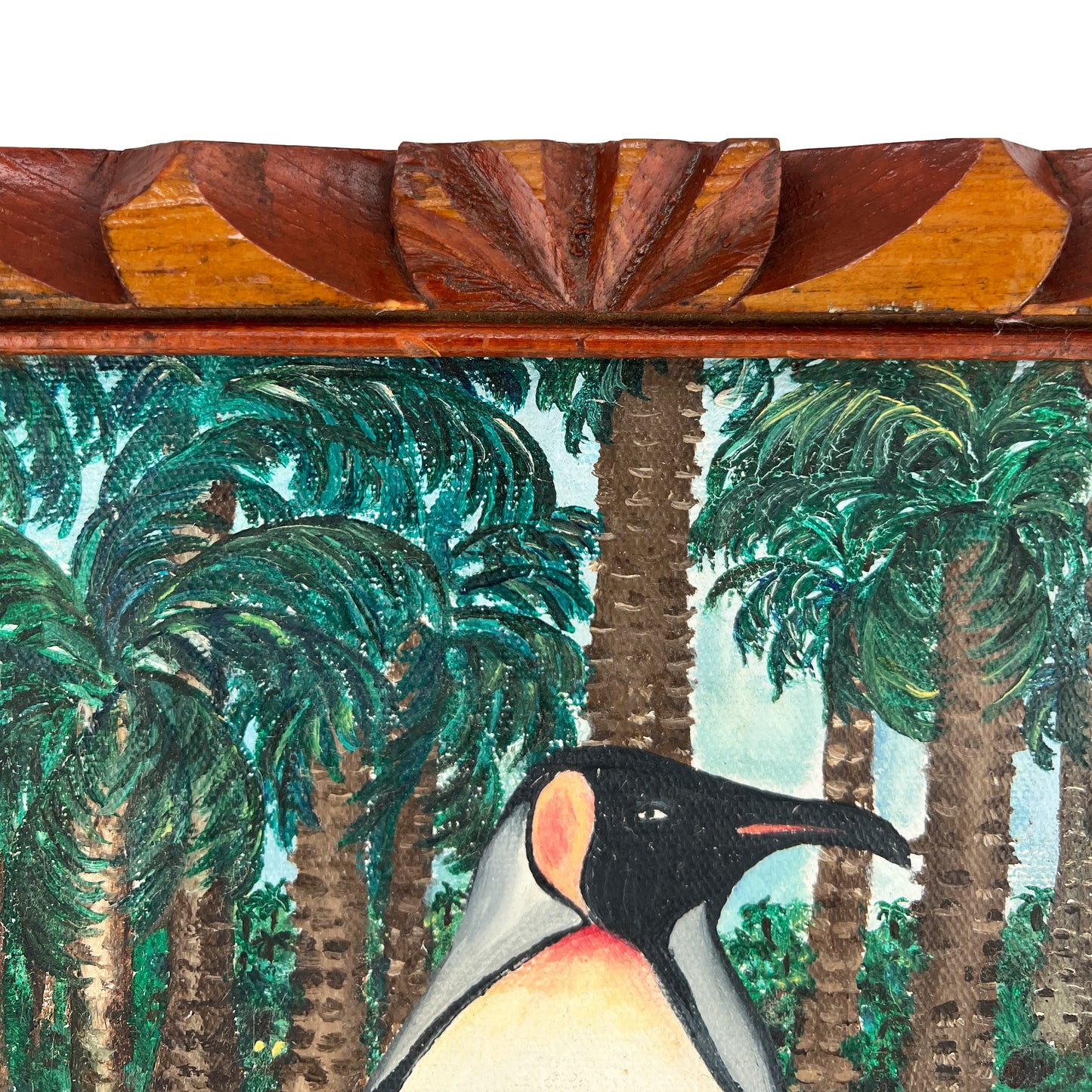 Vintage Penguin Painting in Hand-Carved Frame – Surrealist Tropical Scene