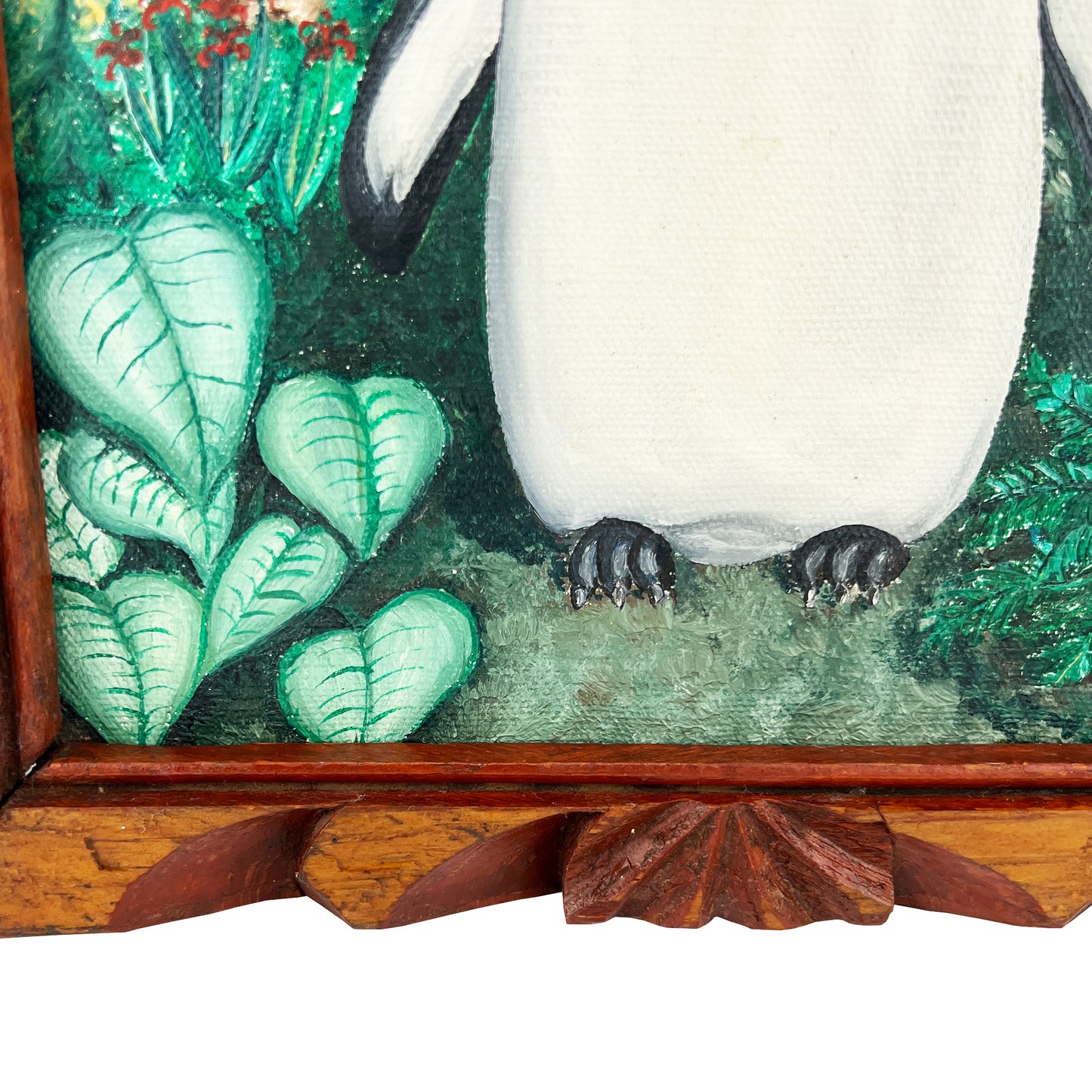 Vintage Penguin Painting in Hand-Carved Frame – Surrealist Tropical Scene
