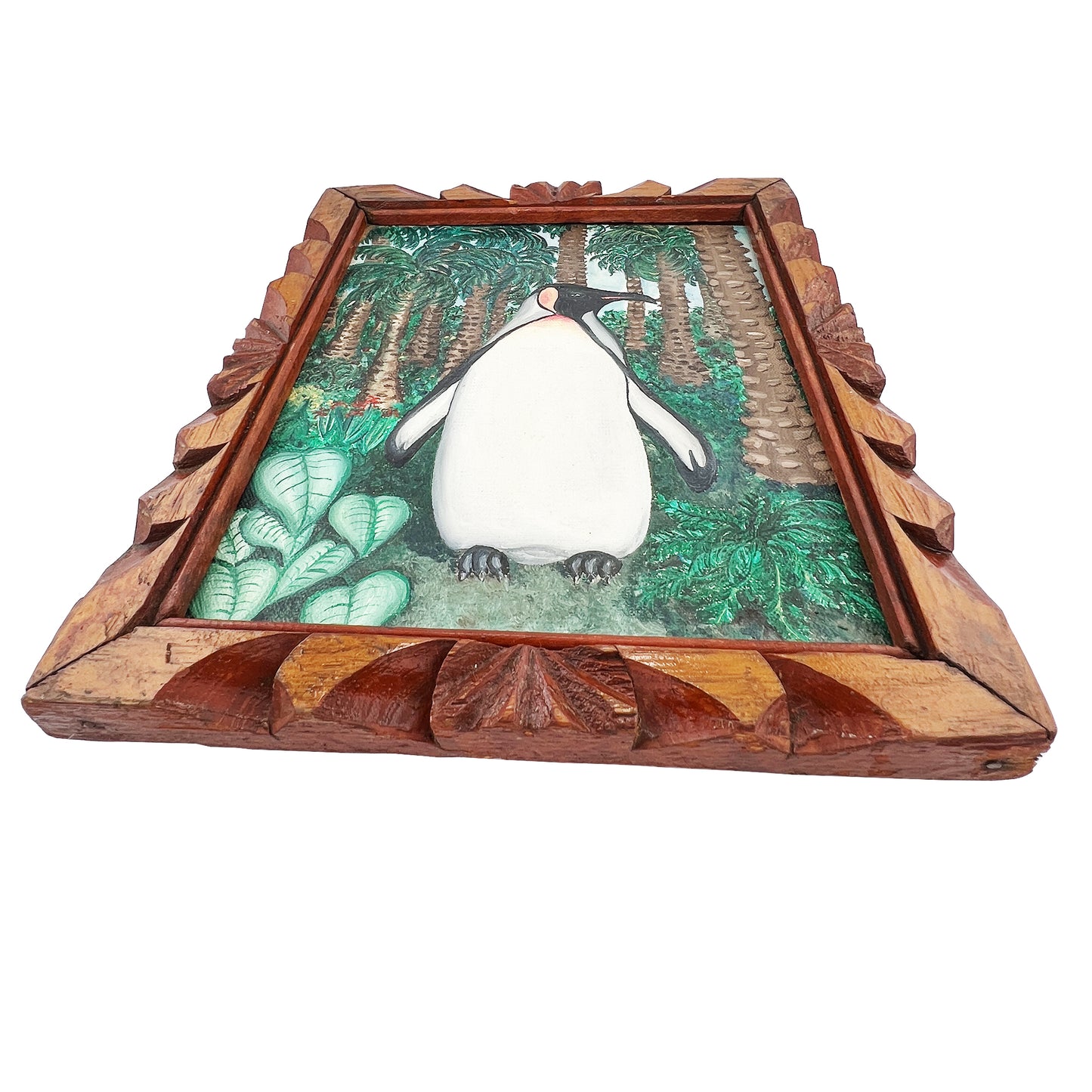 Vintage Penguin Painting in Hand-Carved Frame – Surrealist Tropical Scene