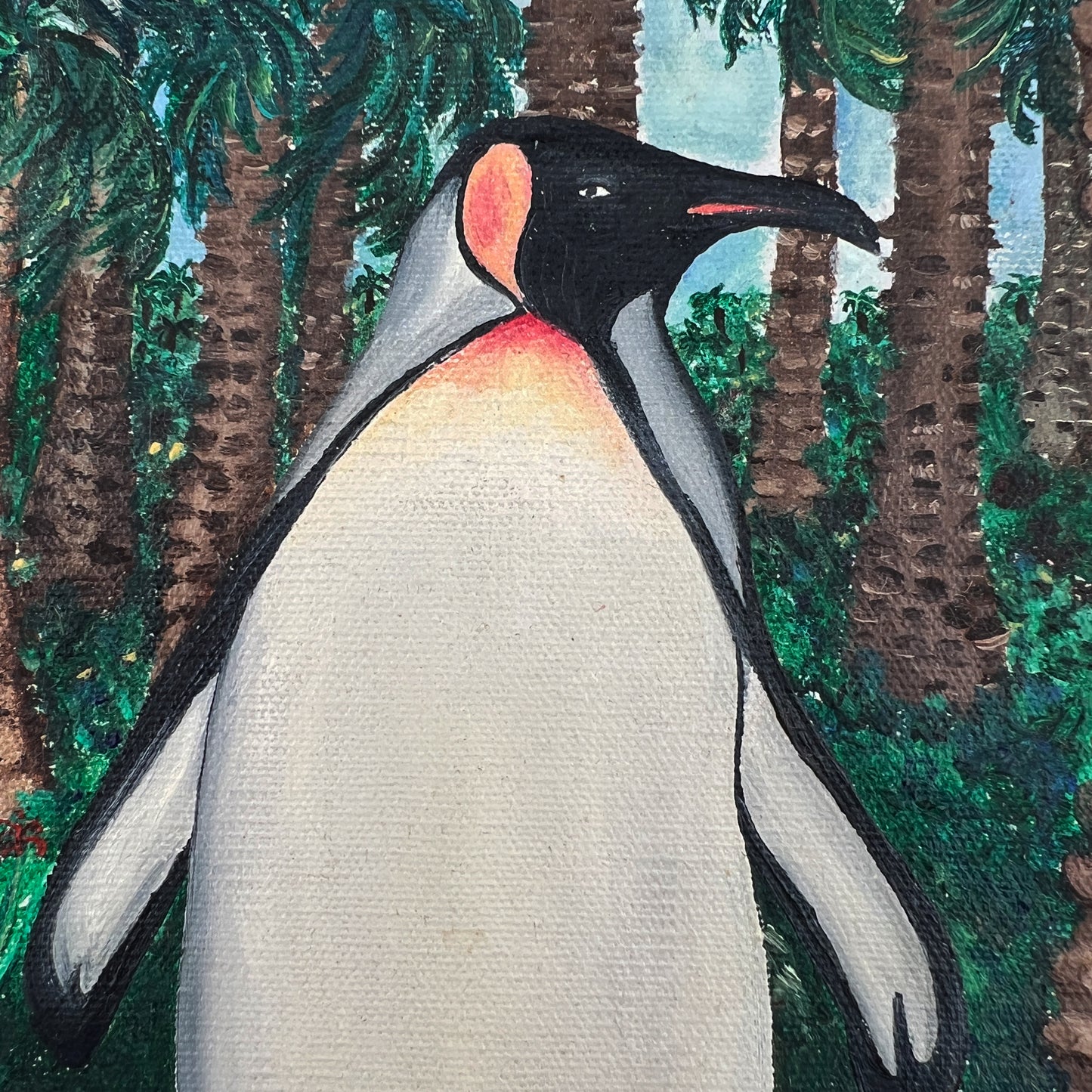 Vintage Penguin Painting in Hand-Carved Frame – Surrealist Tropical Scene