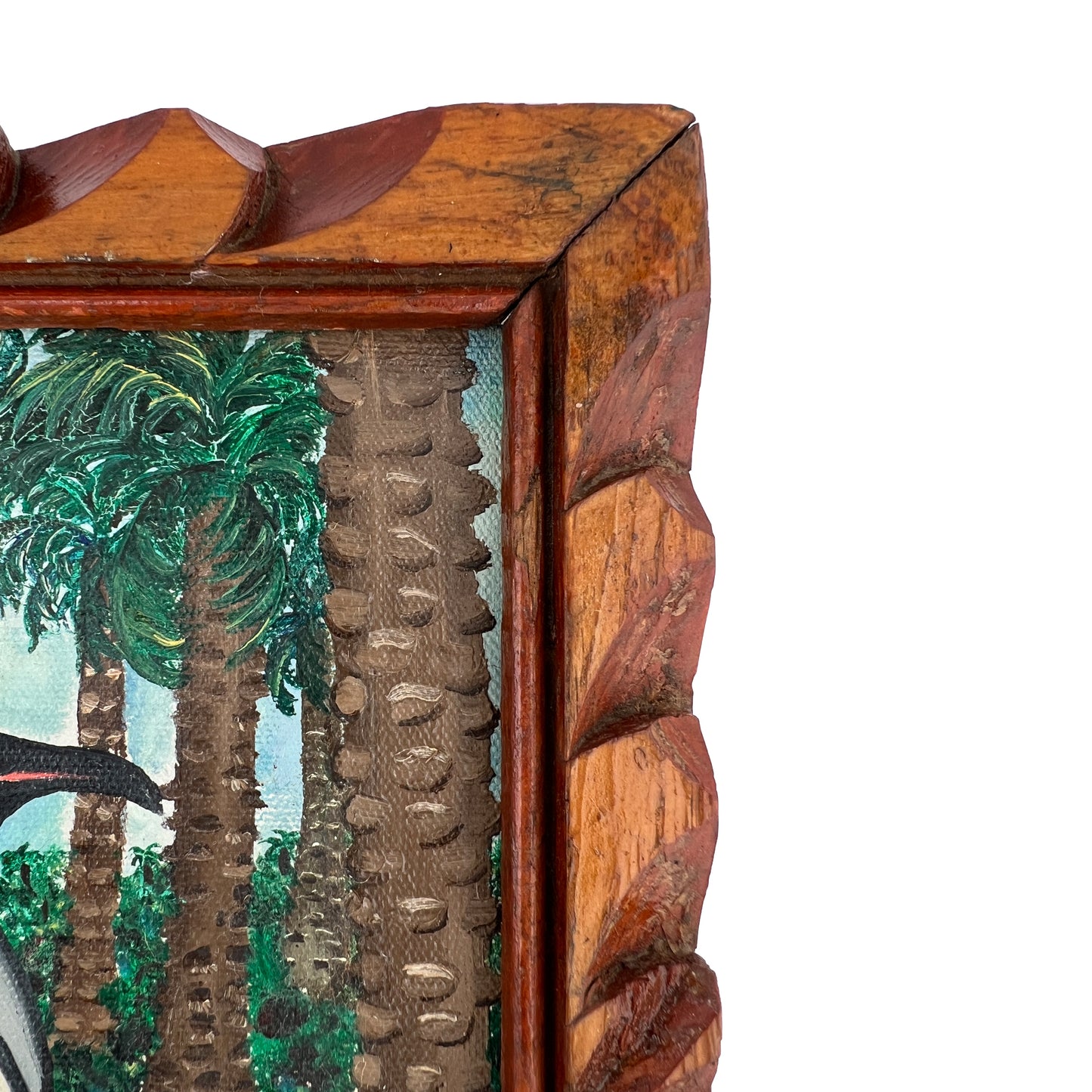 Vintage Penguin Painting in Hand-Carved Frame – Surrealist Tropical Scene