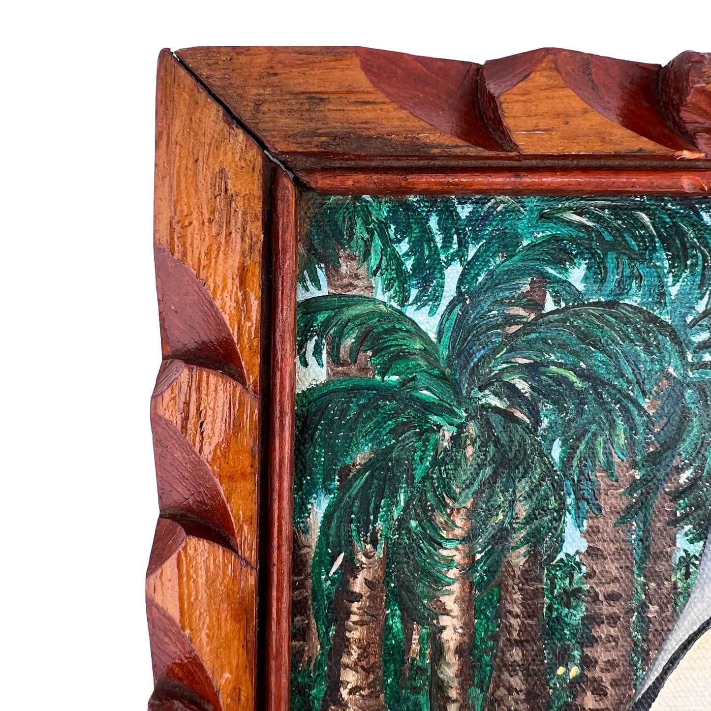 Vintage Penguin Painting in Hand-Carved Frame – Surrealist Tropical Scene