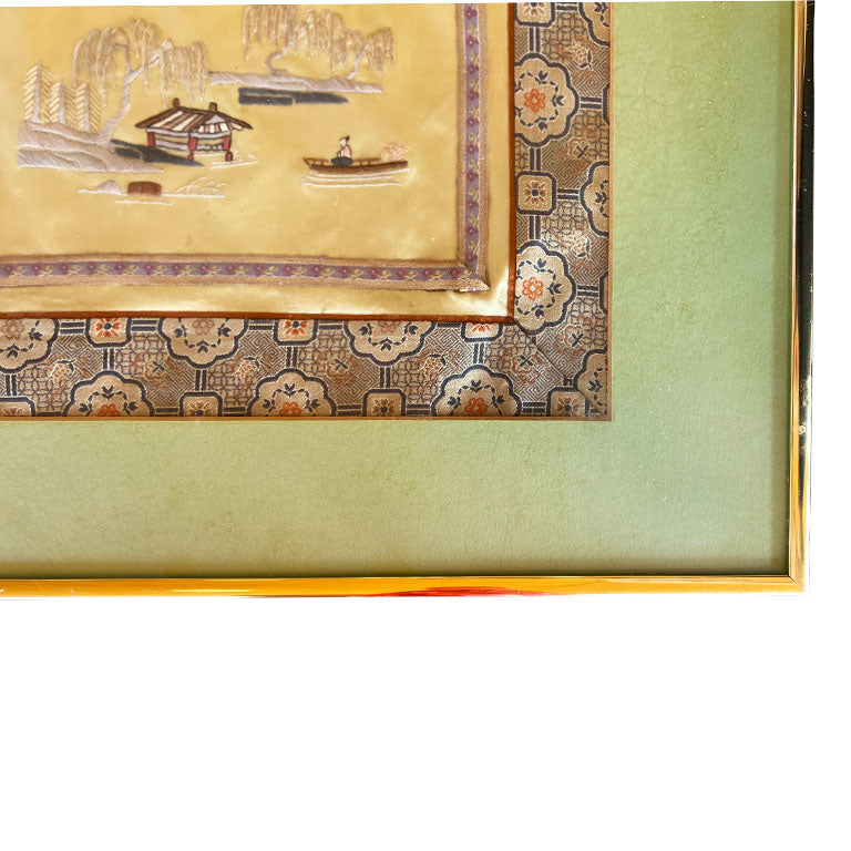 Antique Japanese Framed Silk Embroidered Panel of Garden Life - A Pair