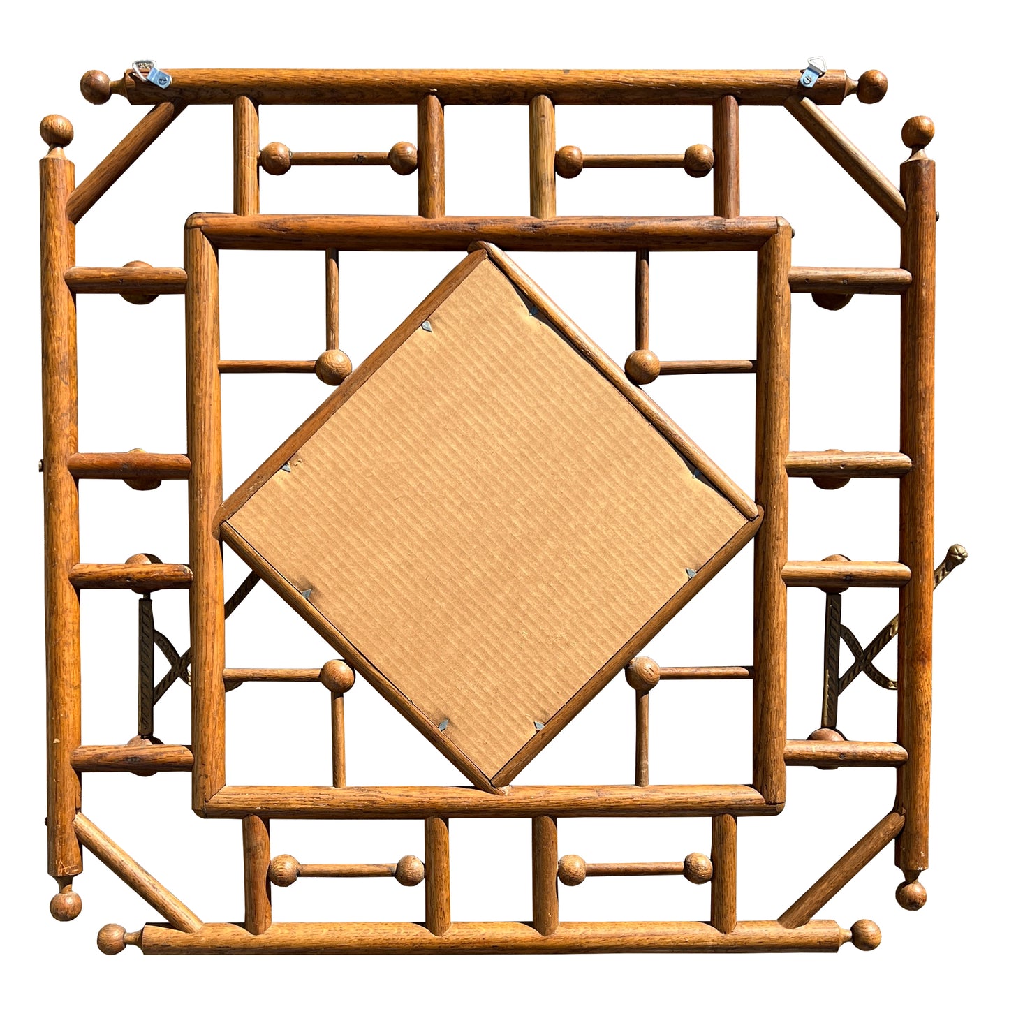 Stick and Ball Black Forest Adirondack Style Carved Wood Mirror with Brass Hooks