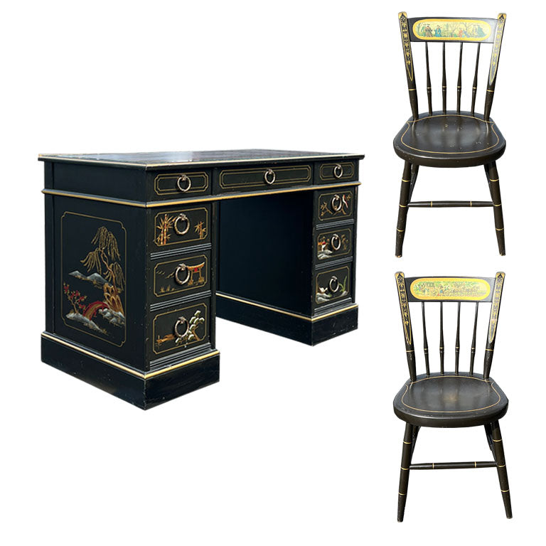 Early Chinoiserie Japanned Leather Top Desk and Chair Set - Nichols and Stone