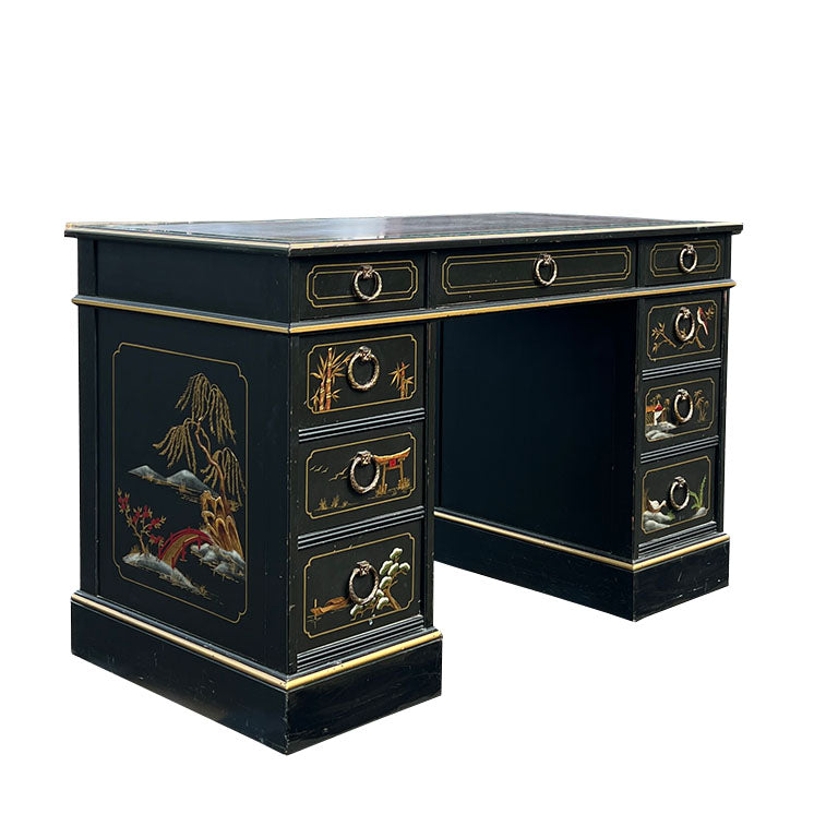 Early Chinoiserie Japanned Leather Top Desk and Chair Set - Nichols and Stone
