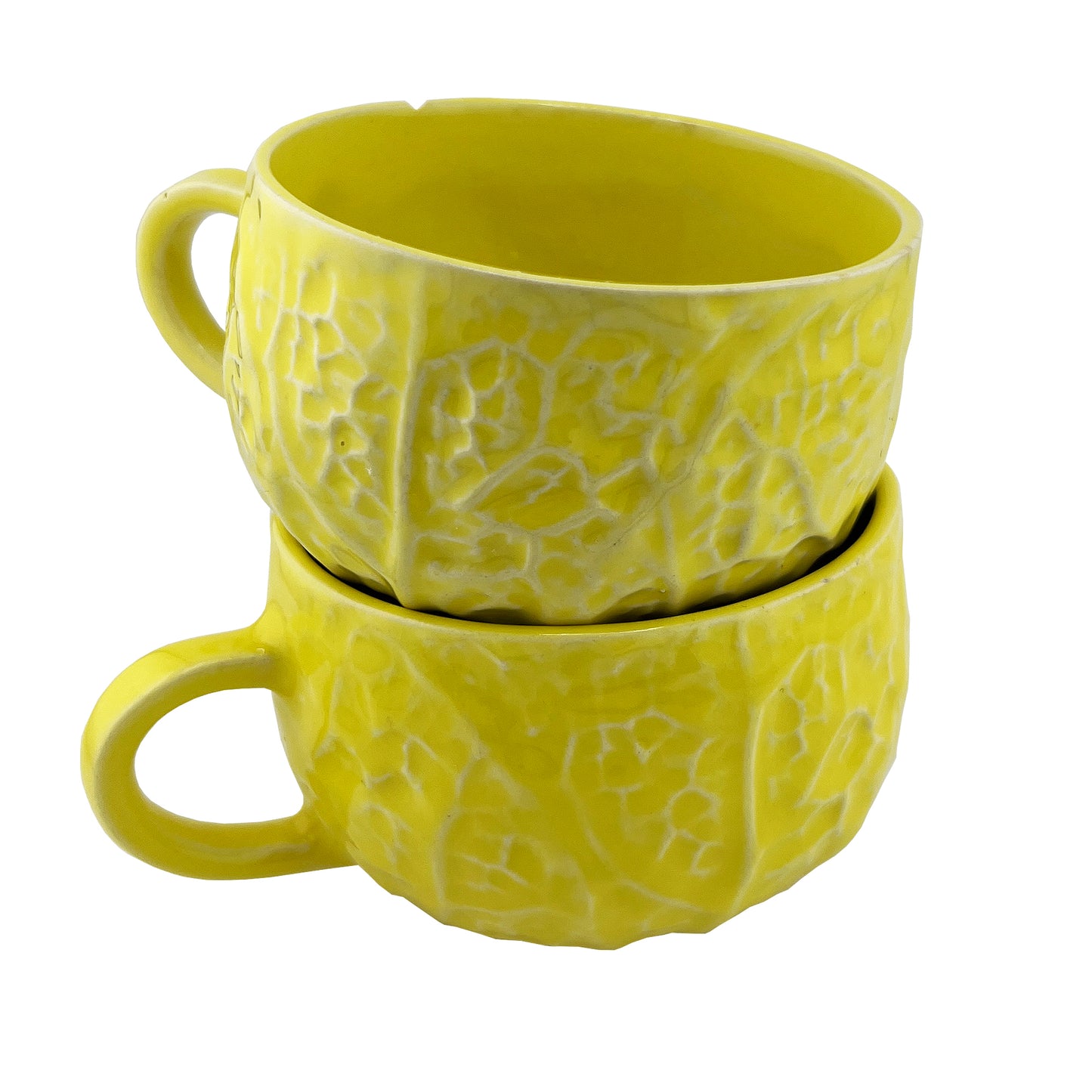2 Vintage Portuguese Lettuceware Cups – Yellow Majolica Cabbageware, Portugal