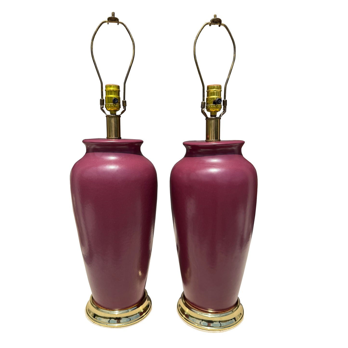 Pair of Vintage Sang de Boeuf Oxblood Glazed Ceramic and Brass Table Lamps