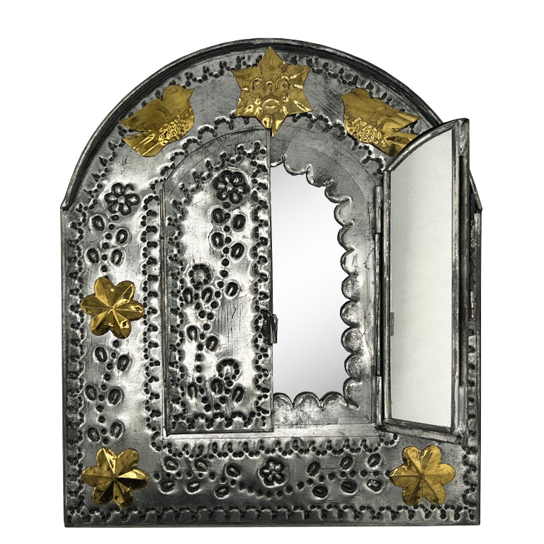 Handcrafted Mexican Tin Mirror with Opening Doors Folk Art from Santa Fe