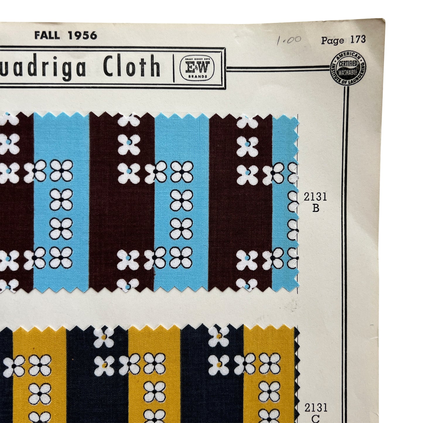 1956 Quadriga Cloth E&W Brands Textile Sample Sheet, Mid-Century Archive