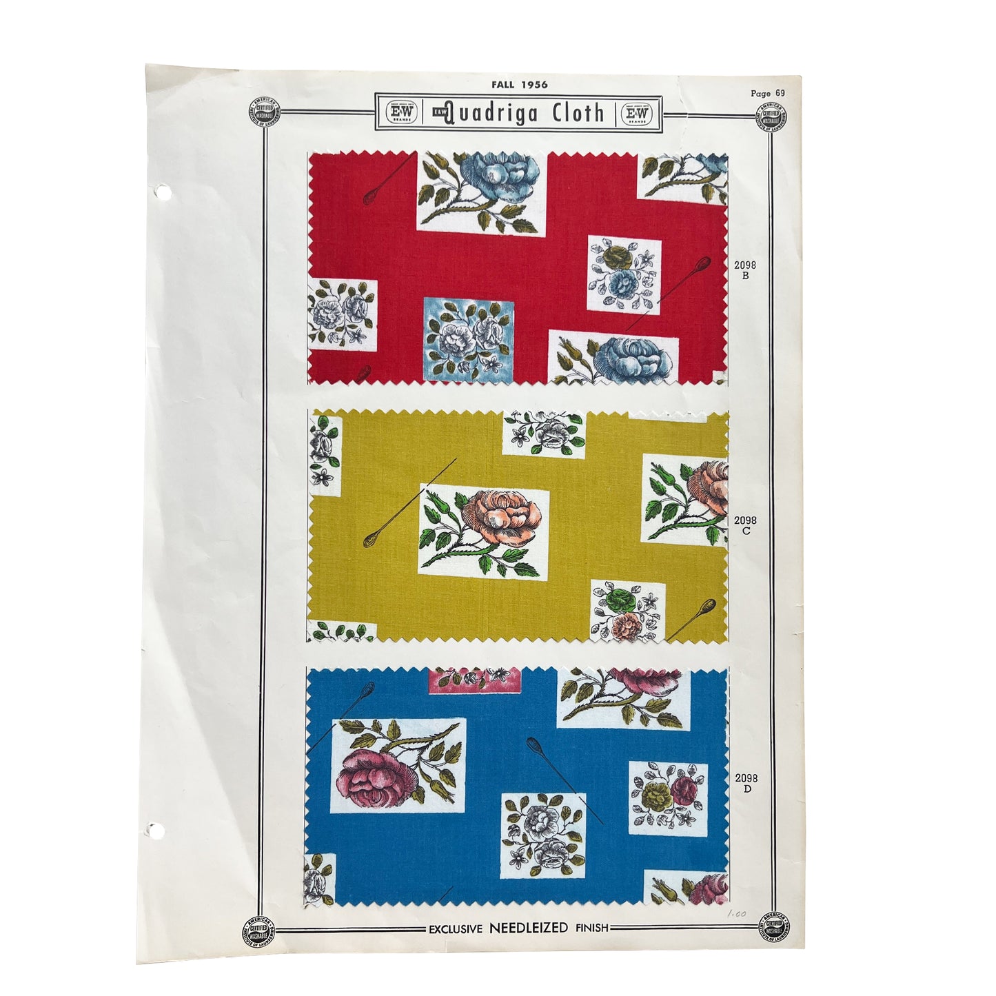 1956 E&W Quadriga Cloth Fabric Sample Board, Mid-Century Textile Display