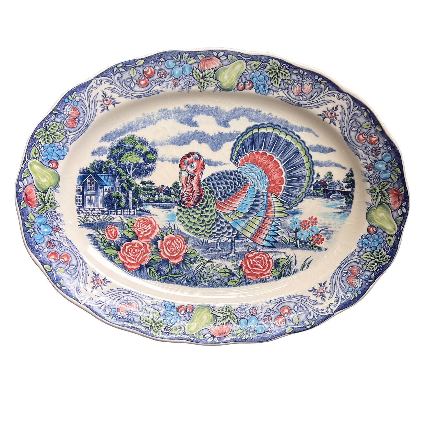 Large Vintage Turkey Transferware Thanksgiving Serving Platter With Fruit Border