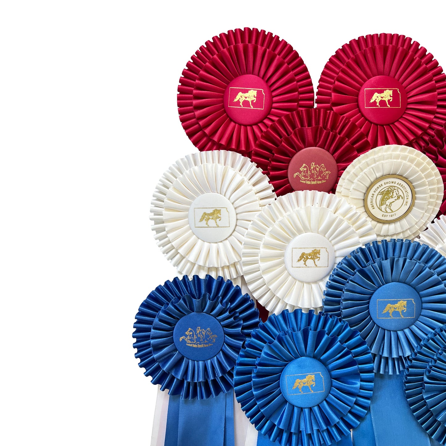 Large Collection of Morgan Horse Show Rosette Ribbons in Red White and Blue - 20