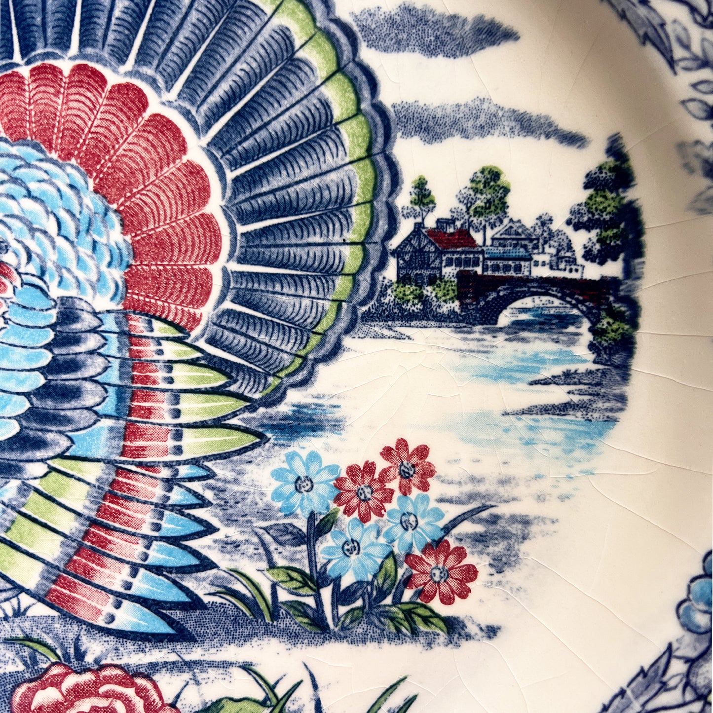 Large Vintage Turkey Transferware Thanksgiving Serving Platter With Fruit Border