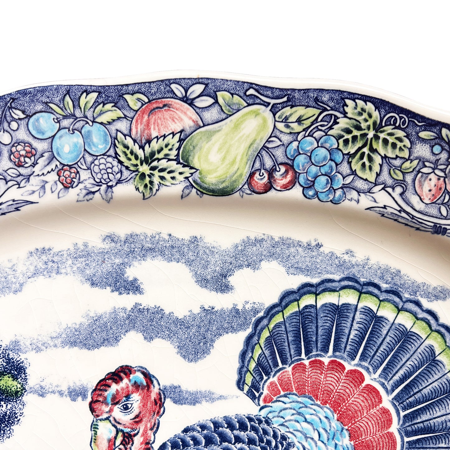 Large Vintage Turkey Transferware Thanksgiving Serving Platter With Fruit Border