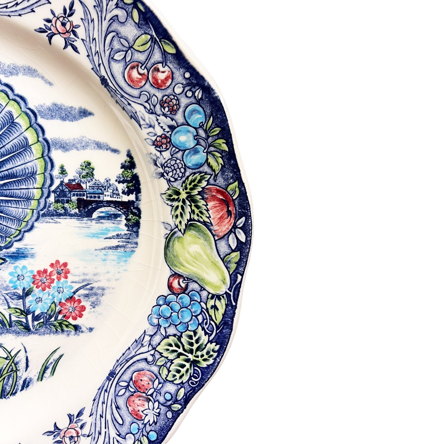 Large Vintage Turkey Transferware Thanksgiving Serving Platter With Fruit Border