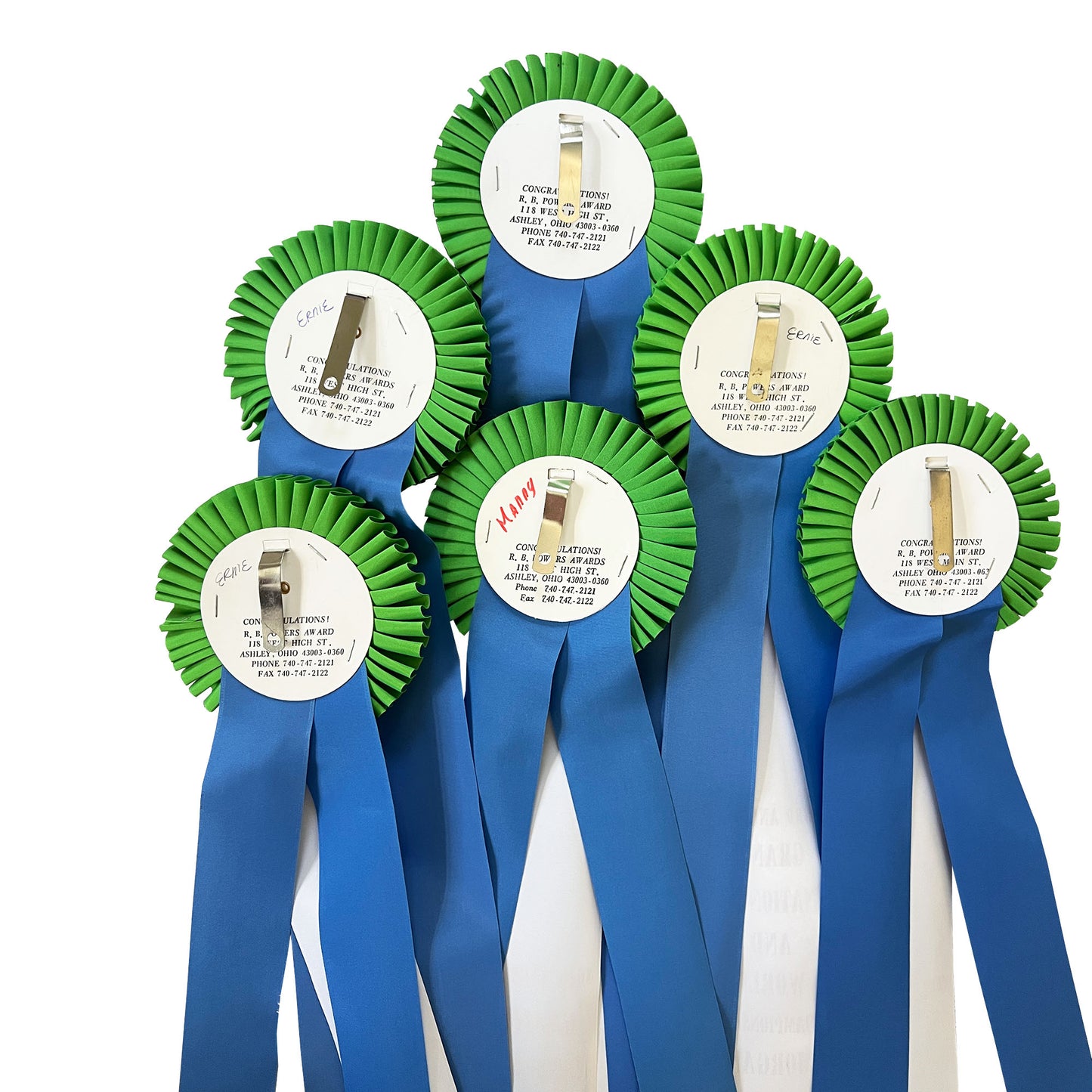 Collection of Six Morgan Horse Show Rosette Ribbons in Blue, Green and White