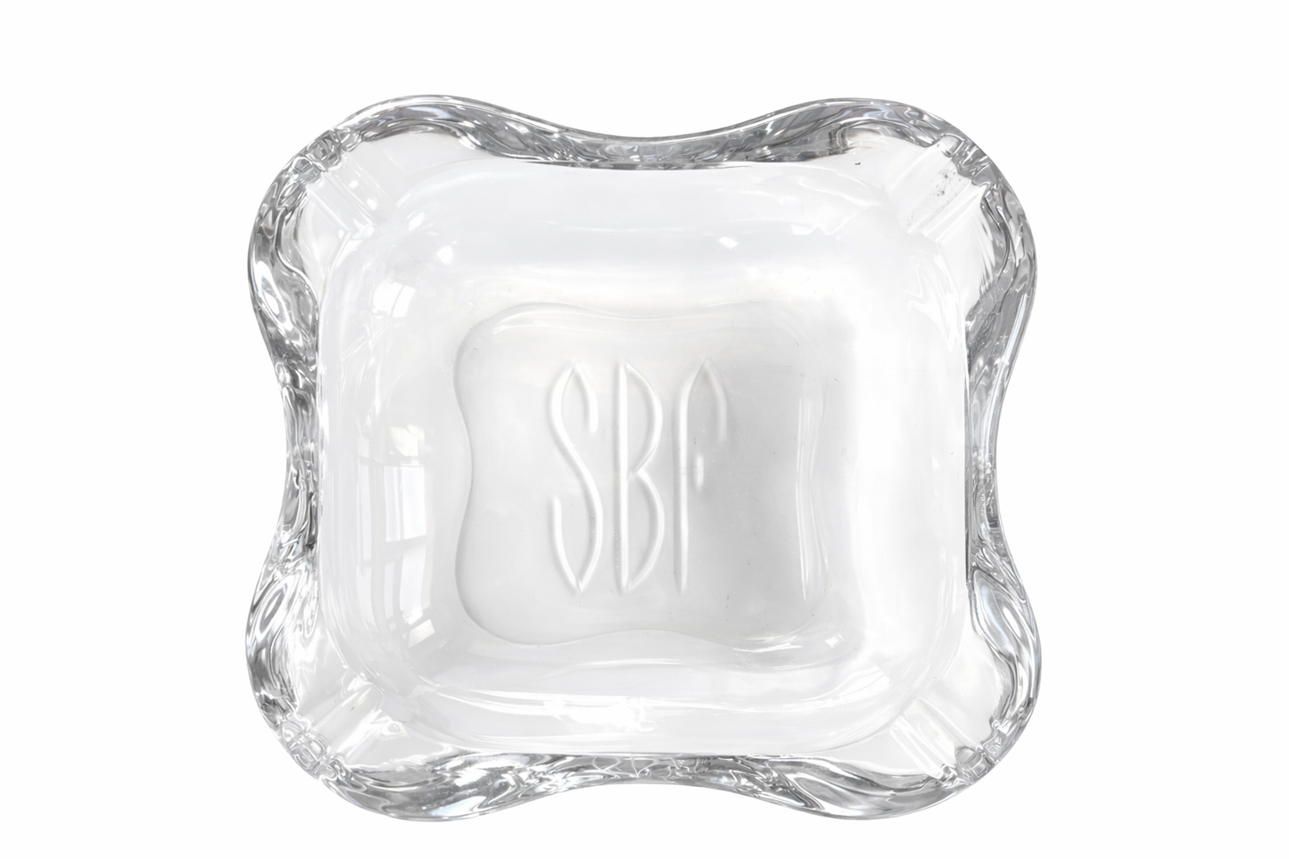 Heavy Glass Monogrammed Ashtray with Sculptural Organic Form