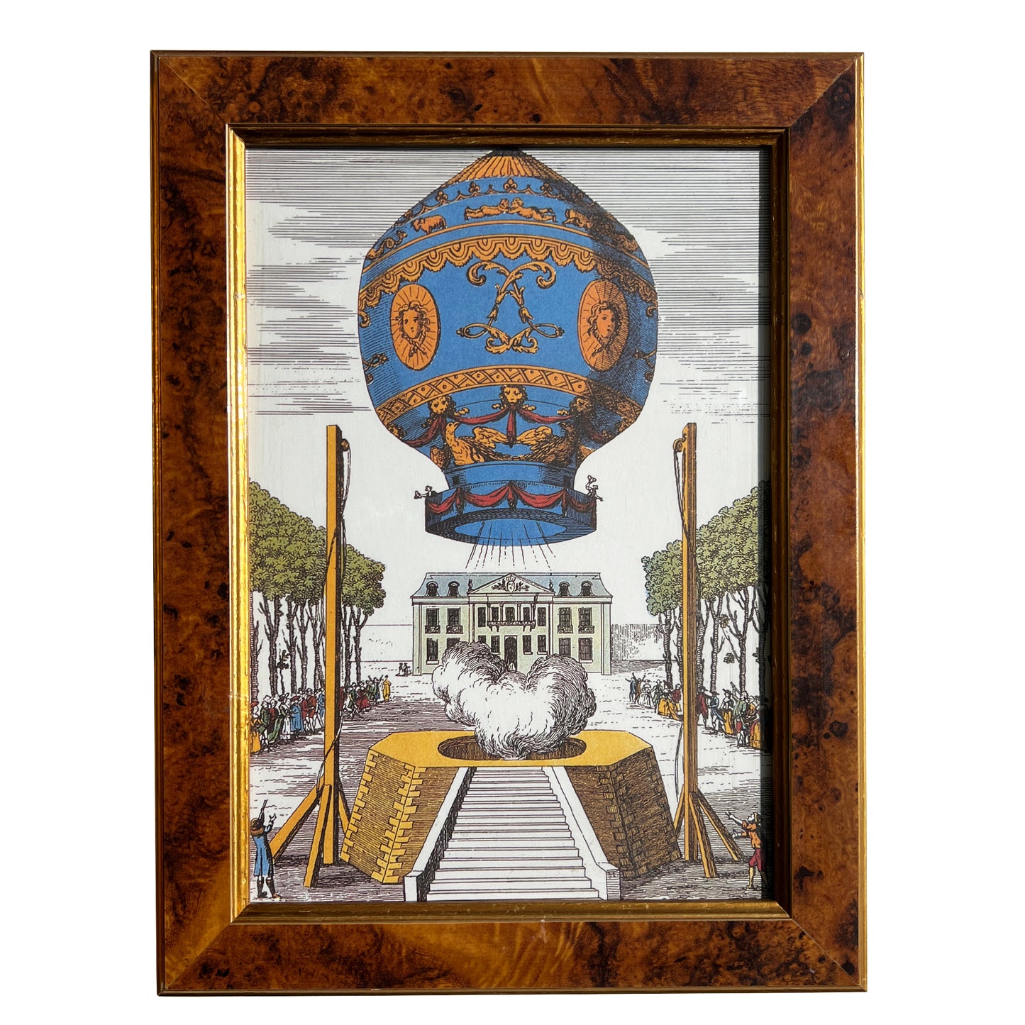 Pair of 18th-Century Hot Air Balloon Lithograph in Burlwood Frames