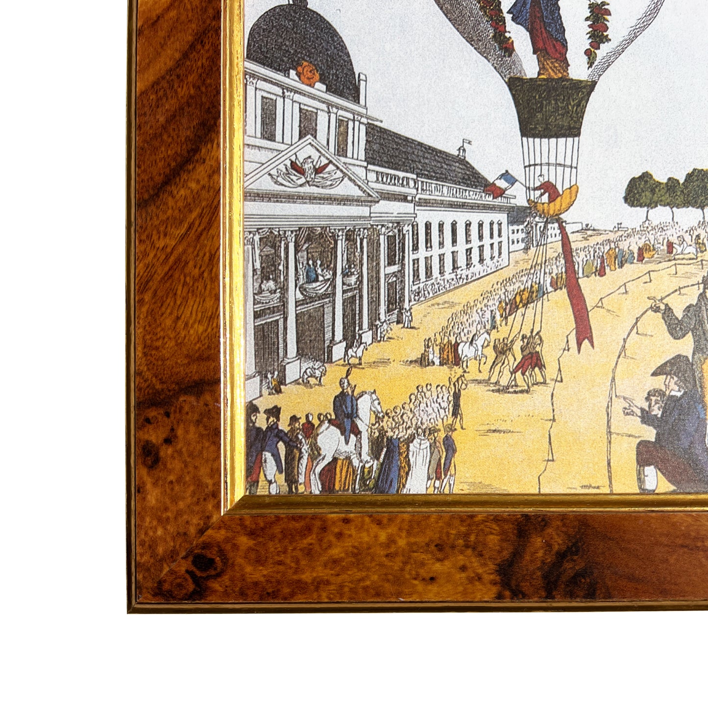Pair of 18th-Century Hot Air Balloon Lithograph in Burlwood Frames