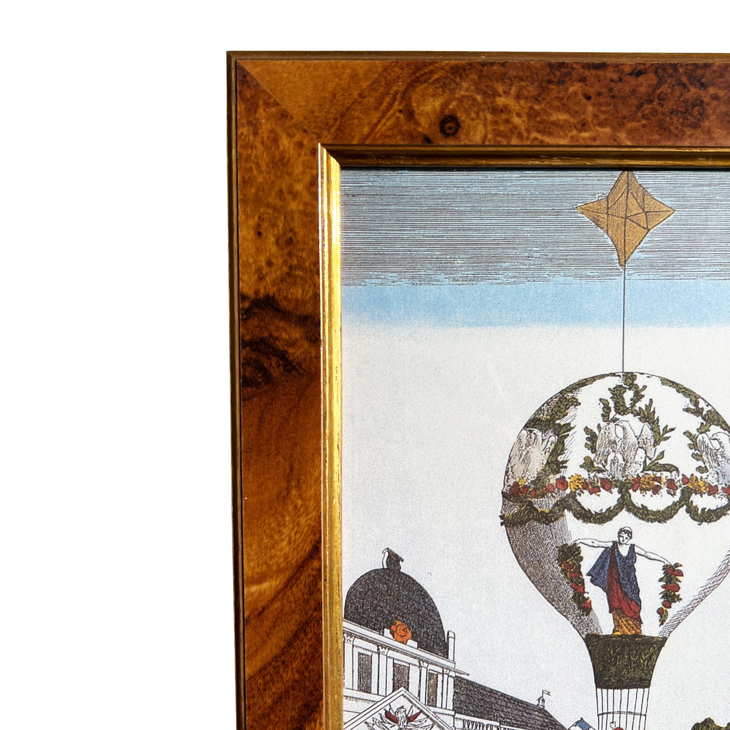 Pair of 18th-Century Hot Air Balloon Lithograph in Burlwood Frames