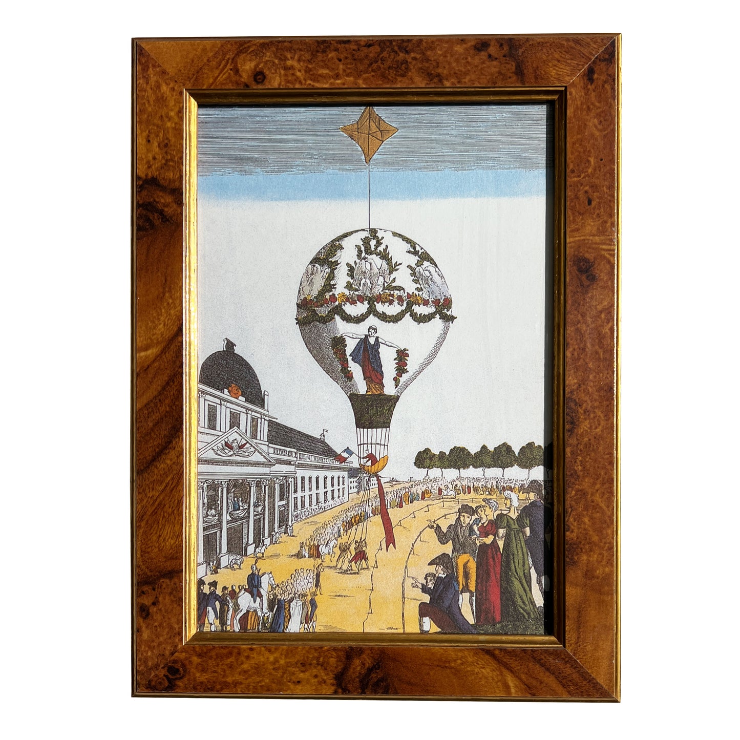 Pair of 18th-Century Hot Air Balloon Lithograph in Burlwood Frames