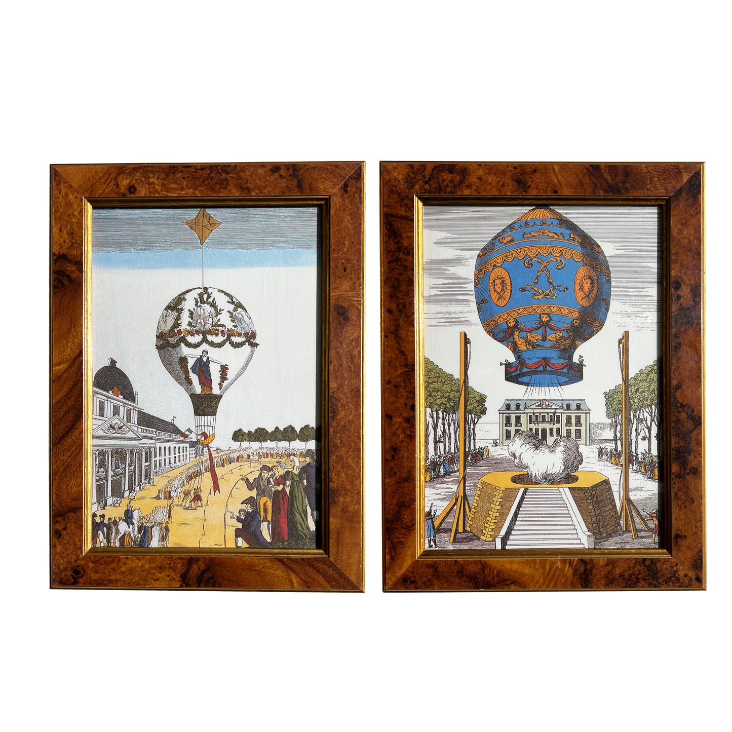 Pair of 18th-Century Hot Air Balloon Lithograph in Burlwood Frames