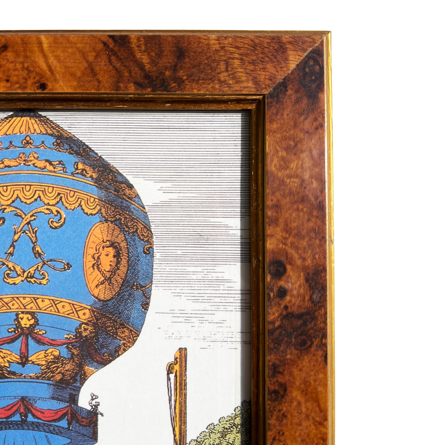 Pair of 18th-Century Hot Air Balloon Lithograph in Burlwood Frames