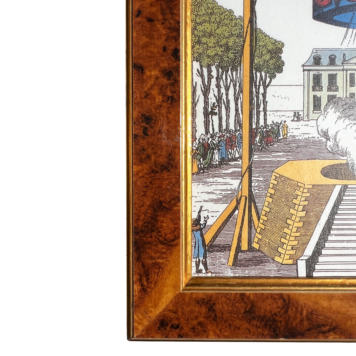 Pair of 18th-Century Hot Air Balloon Lithograph in Burlwood Frames