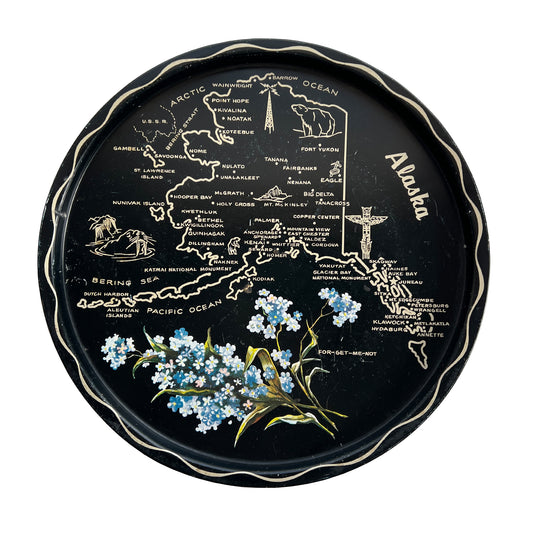 Round Alaska Tin Serving Tray in Black and Cream Mid Century