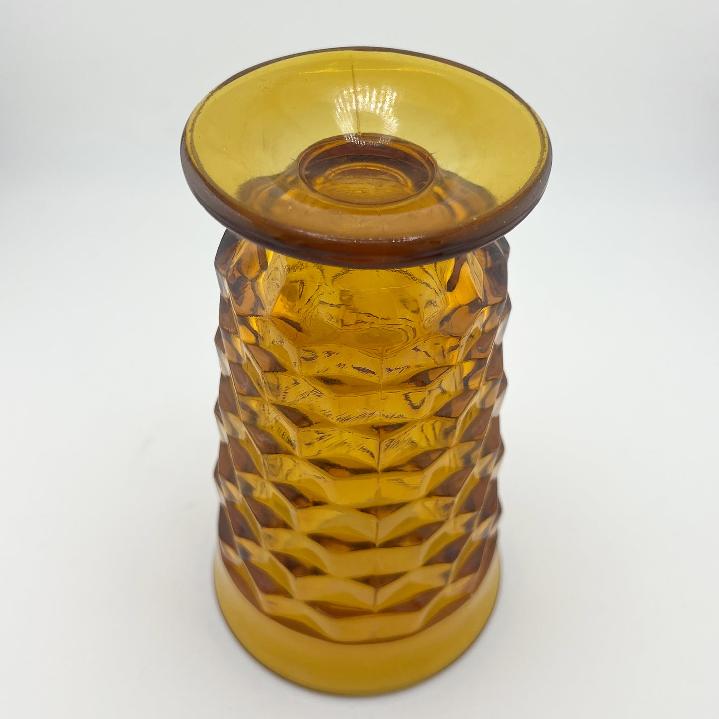 Set of Four Mid-Century Orange Amber Glass Goblets in Textured Honeycomb Pattern